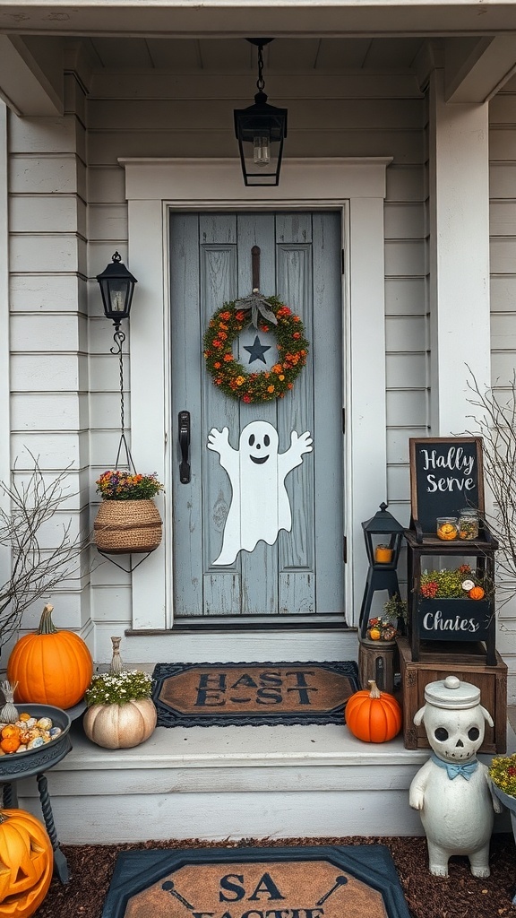 A decorated porch with a ghost cutout on the door, pumpkins, and a colorful wreath.