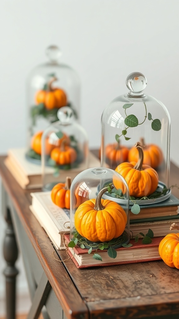 A collection of glass cloches with mini pumpkins and greenery on a wooden table