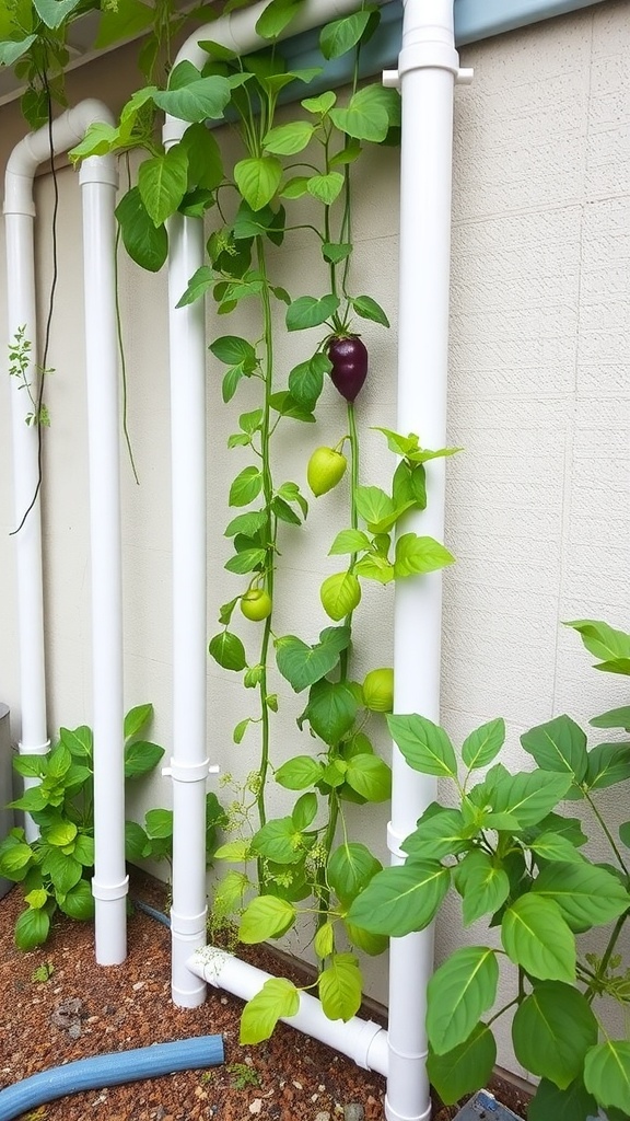 Vertical PVC pipe garden with green plants growing along the pipes.