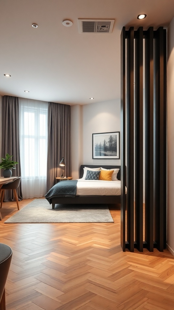 A stylish room divider in a studio apartment, separating the bedroom from the living area.