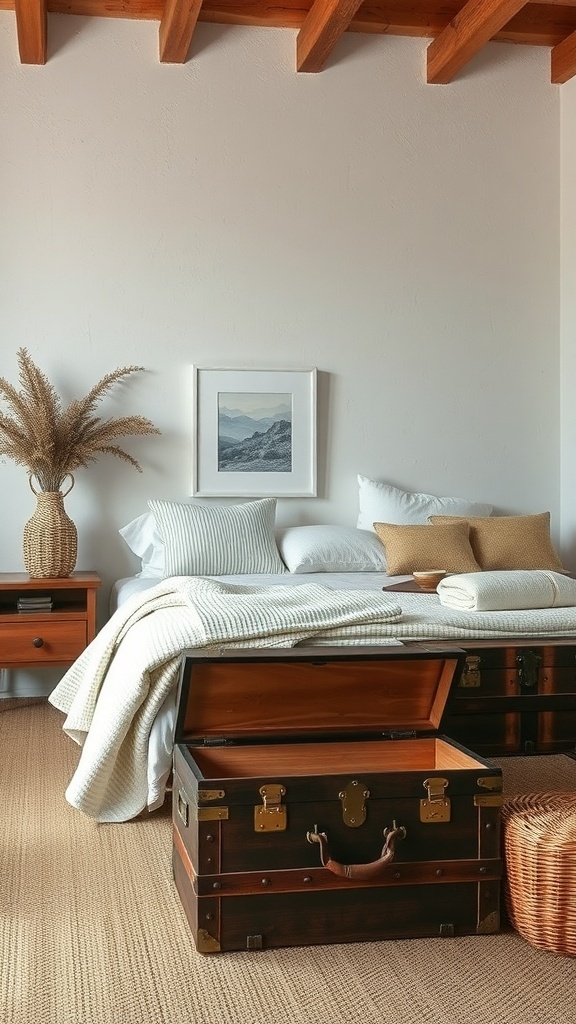 A rustic bedroom featuring a vintage trunk and a woven basket for storage.