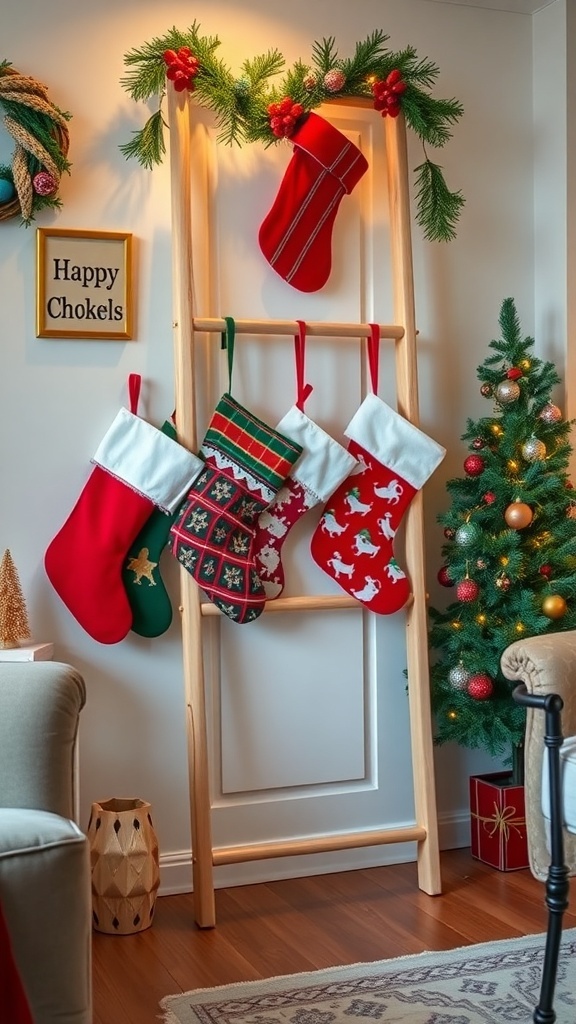 A wooden ladder displaying colorful Christmas stockings, decorated with greenery and ornaments, next to a small Christmas tree.