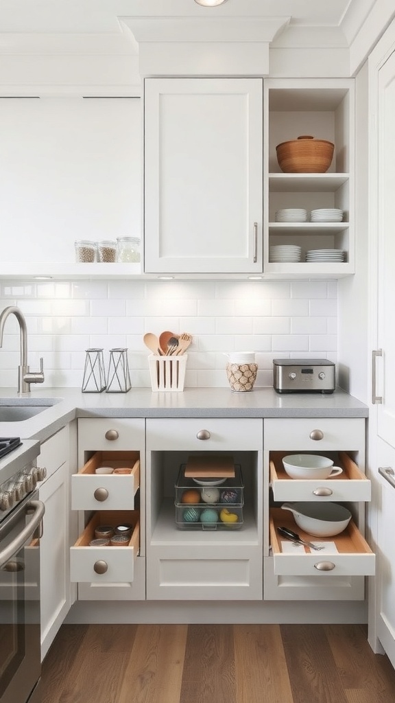 A bright white kitchen featuring organized drawers and open shelving for storage.
