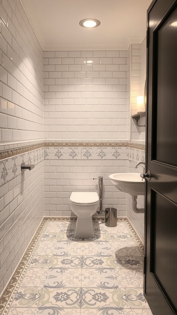 A stylish powder room featuring white subway tiles on the walls and patterned tiles on the floor.