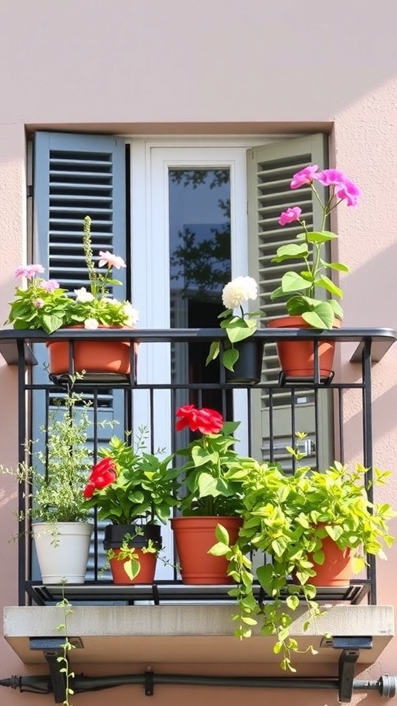 A balcony with various potted plants arranged on a black railing, featuring colorful flowers and greenery.