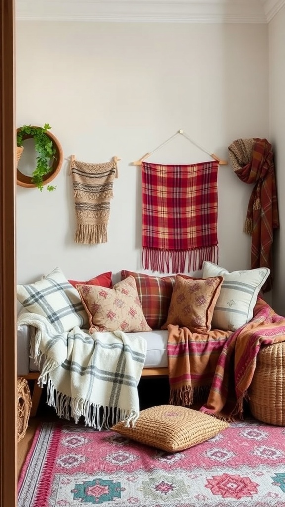 A cozy seating area with layered textiles, including throws and cushions, showcasing a mix of patterns and colors.