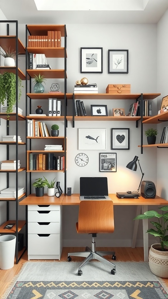 A modern home office setup featuring wall-mounted shelves, a desk, and a stylish chair.