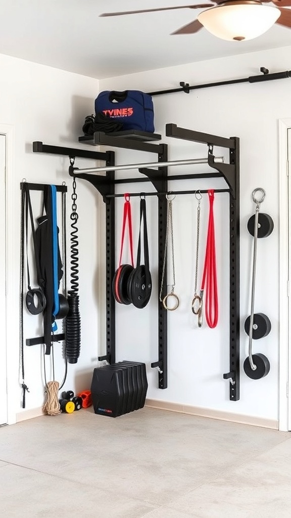 A well-organized home gym setup using vertical space with wall-mounted racks and various fitness equipment.