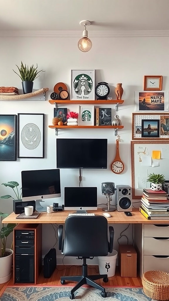 A stylish home office setup featuring double monitors, shelves with decor, and a clean desk space.