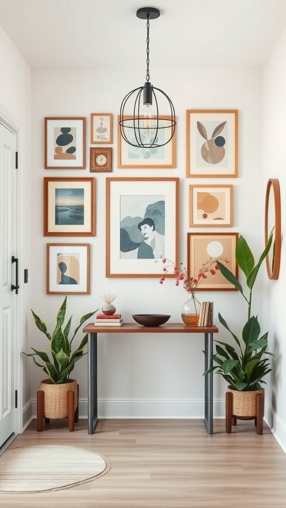 A stylish entryway featuring a creative wall art display with framed artworks, a console table, and potted plants.