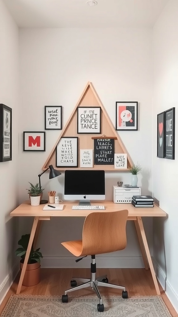 A cozy workspace featuring a wooden desk, a computer, and a creative wall art display in a triangular arrangement.
