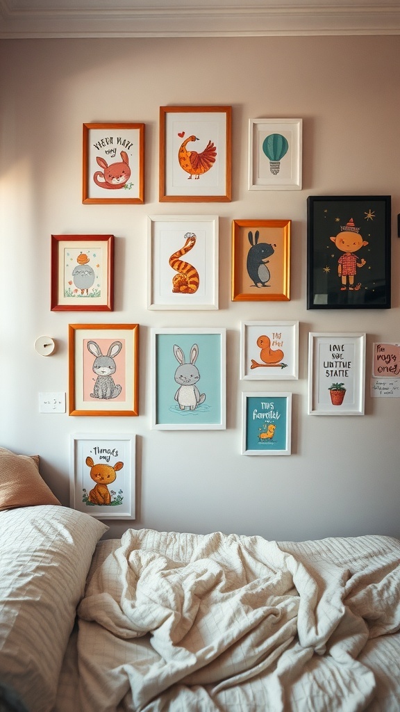 A cozy bedroom wall adorned with colorful framed illustrations featuring animals and whimsical quotes.