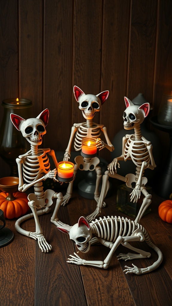 A group of skeleton cats in various poses, holding tealights, with a warm glow in a Halloween setting.