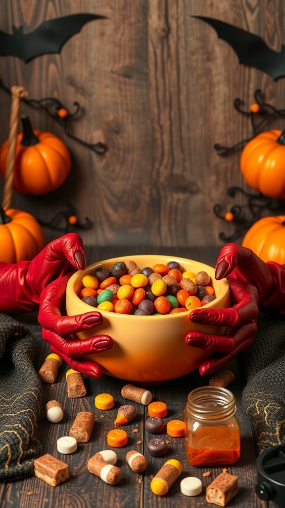 Creepy red devil hands holding a bowl of colorful candies with Halloween decorations in the background.