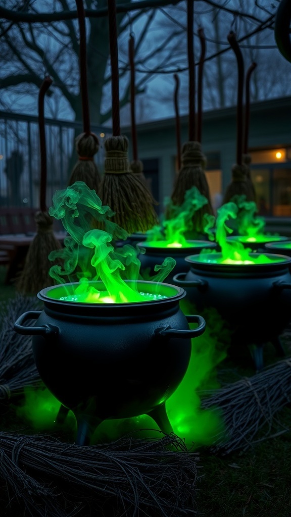 Three bubbling cauldrons with green liquid and broomsticks around them, creating a spooky Halloween atmosphere.