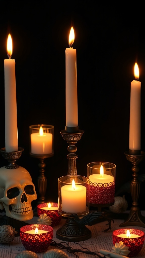 A spooky candle display featuring various candles, a skull, and decorative elements.