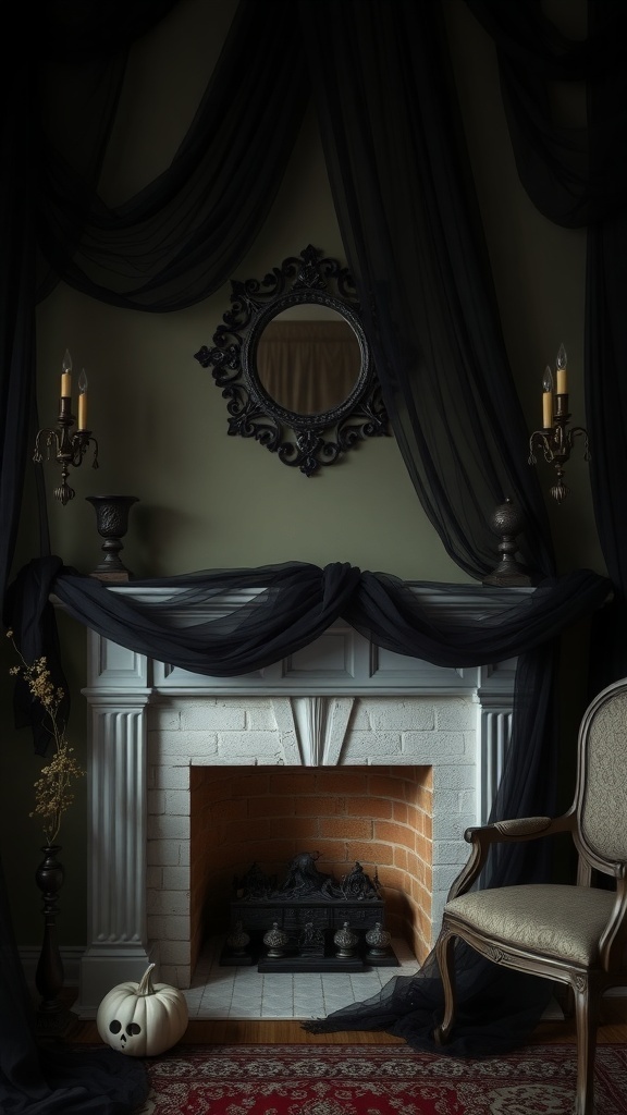 A fireplace adorned with dark draped fabric, a mirror, and a white pumpkin.
