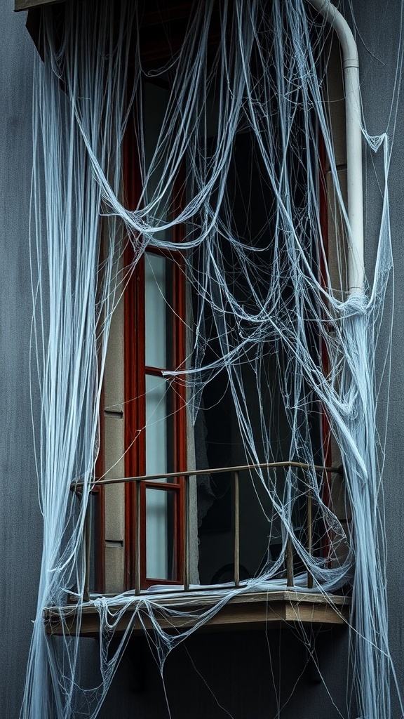 A balcony decorated with faux spider webs creating a spooky atmosphere.