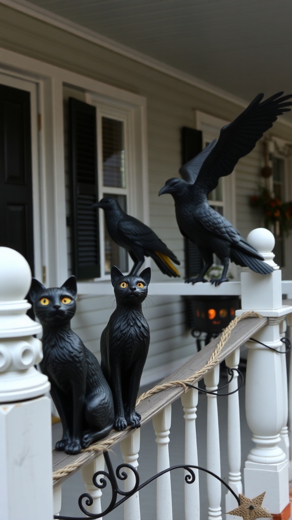 Black cat statues and crows on a porch railing for Halloween decor