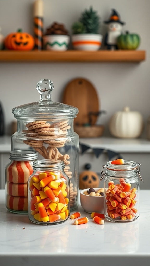 A Halloween-themed candy station with jars of candy corn, gummy worms, and cookies, decorated with pumpkins and festive items.