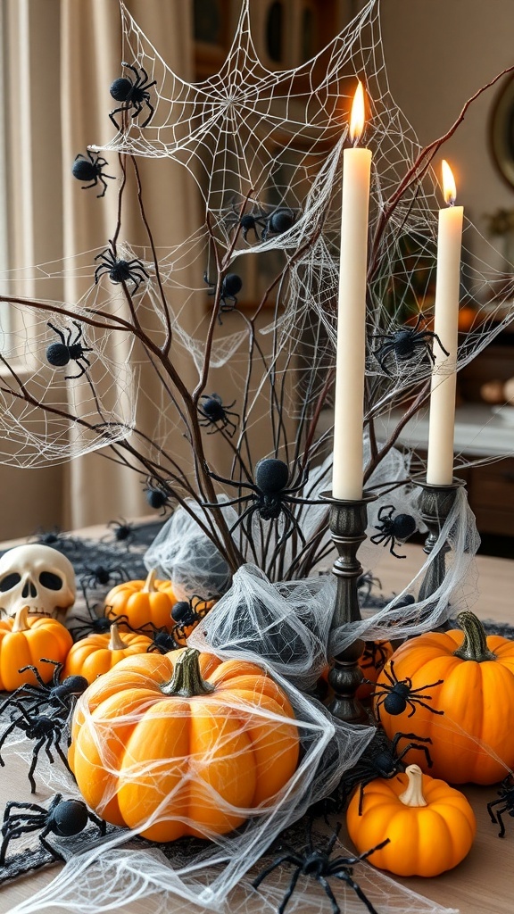 Halloween centerpiece featuring pumpkins, candles, spider webs, and spiders