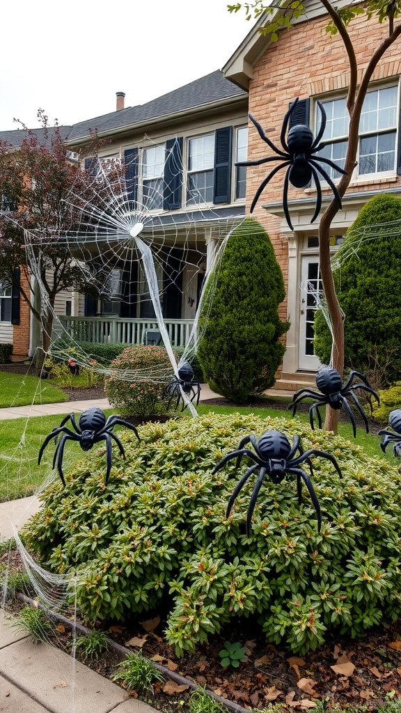 A front yard decorated with spider webs and black spiders for Halloween.