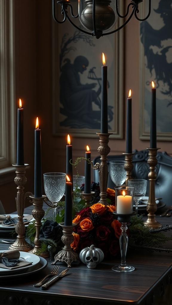 A dining table with tall black taper candles, dark florals, and antique candlesticks, creating a spooky centerpiece.