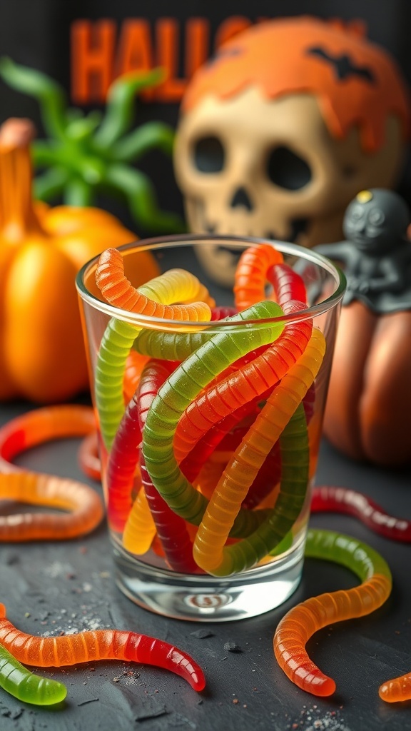 A glass filled with colorful gummy worms, surrounded by Halloween decorations like pumpkins and a skull.