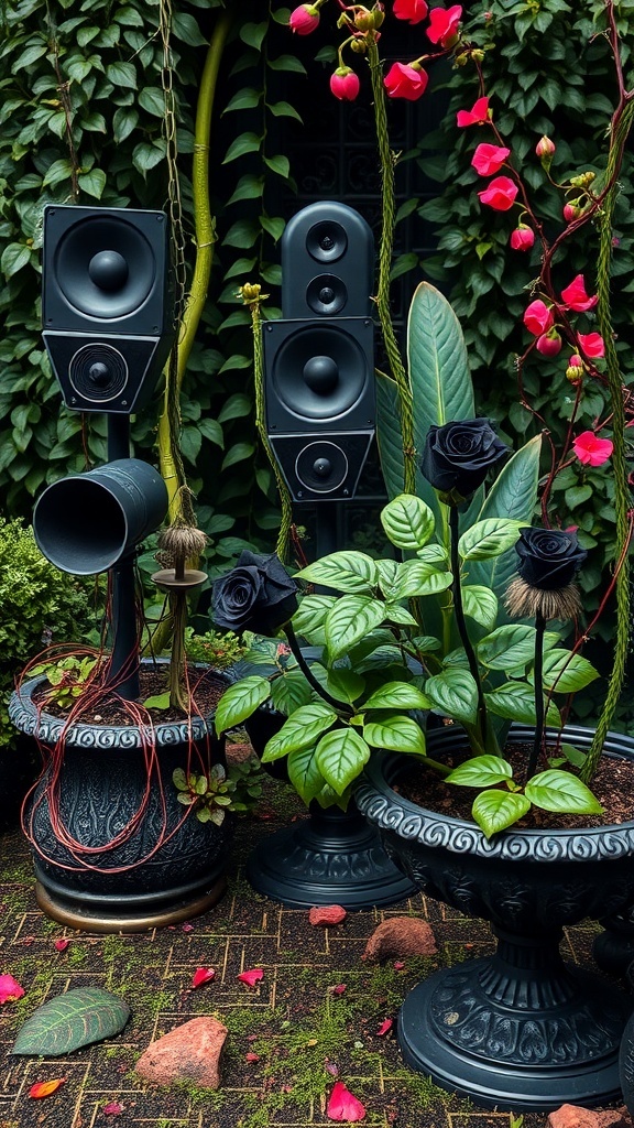 Creepy planters with black roses and speakers in a gothic garden setting.