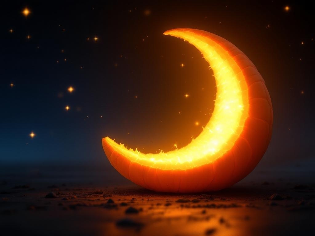 A beautifully carved pumpkin in the shape of a crescent moon, glowing warmly in the dark.