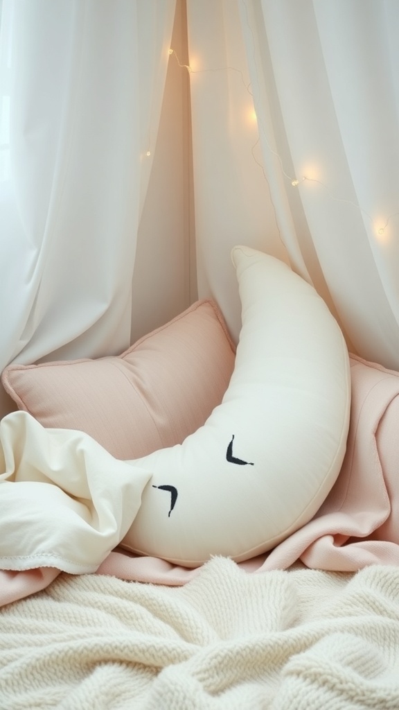 A crescent moon cushion in a cozy kids' corner with soft blankets and pillows.