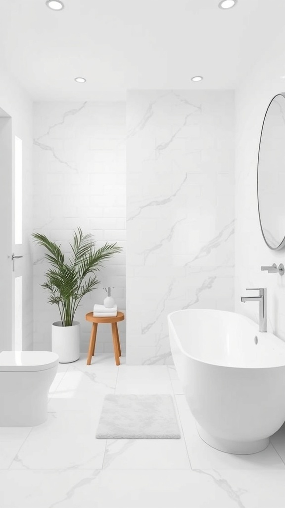 A minimalist bathroom featuring white tiles, a sleek bathtub, and a touch of greenery.