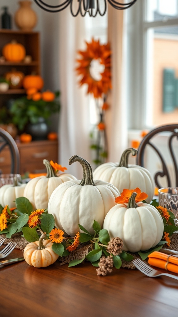 A Halloween table centerpiece featuring white pumpkins, orange flowers, and green leaves on a burlap runner.