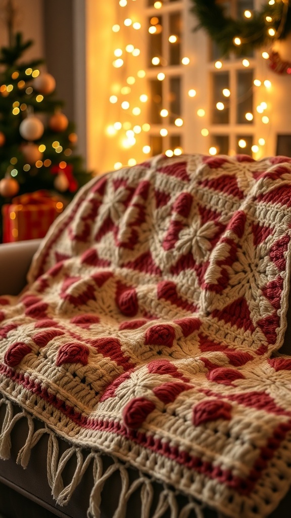 A cozy crochet blanket in cream and red, draped over a couch, with a Christmas tree in the background.