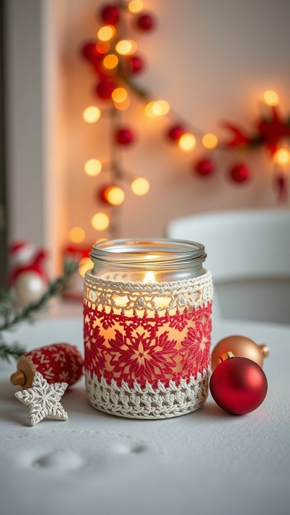 A crochet candle jar cover with a snowflake design, placed on a table with Christmas decorations in the background.