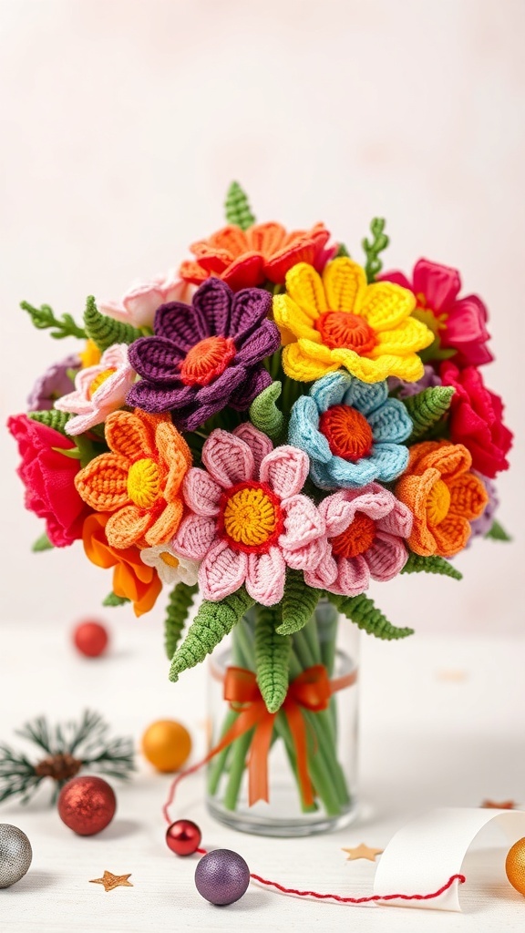 A vibrant crochet flower bouquet featuring colorful flowers in a glass vase, surrounded by decorative ornaments.