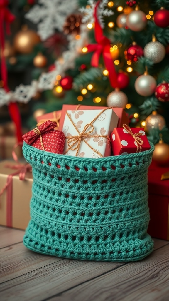 A teal crochet gift bag filled with wrapped presents, set against a festive Christmas tree background.
