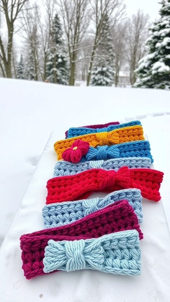 Colorful crochet headbands displayed in the snow, featuring bows and a cozy winter vibe.
