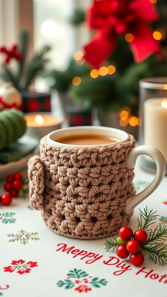 A cozy crochet mug sleeve wrapped around a white mug, placed on a festive table with holiday decorations.