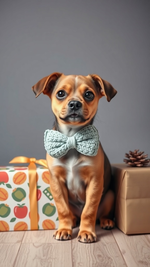 A cute dog wearing a knitted bow tie, sitting next to colorful gift boxes.