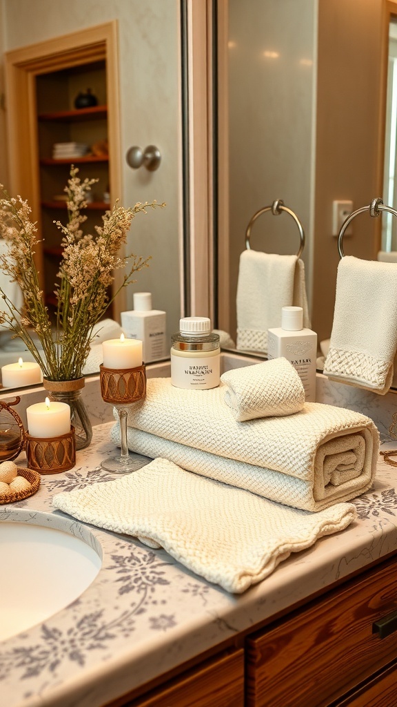 Crochet spa set including face pads, washcloth, and a bag on a bathroom counter with candles and flowers.