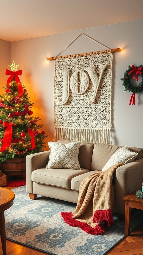 A cozy living room featuring a crochet wall hanging that says 'JOY', decorated for Christmas with a tree and wreath.