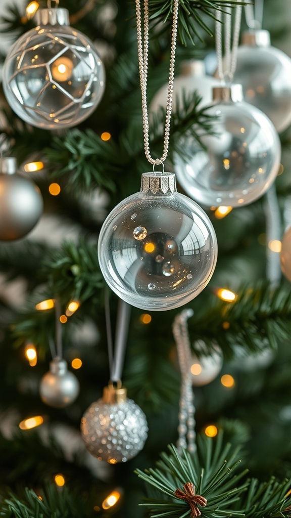 Close-up of crystal and glass ornaments hanging on a Christmas tree, with warm lights in the background.