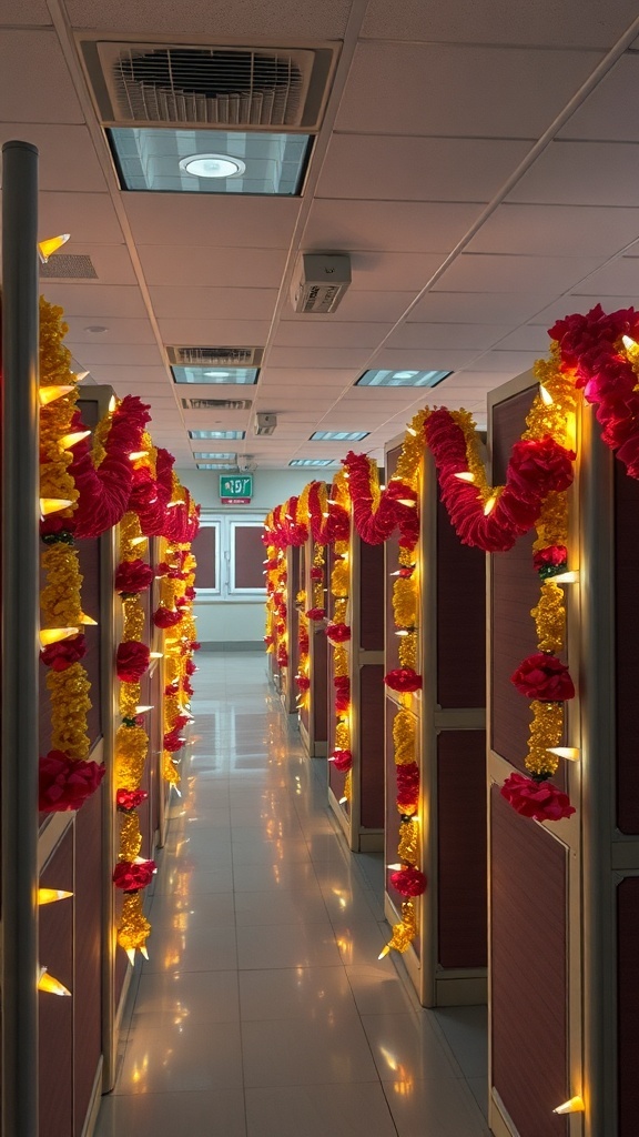 Colorful garlands with lights hanging in an office cubicle hallway.