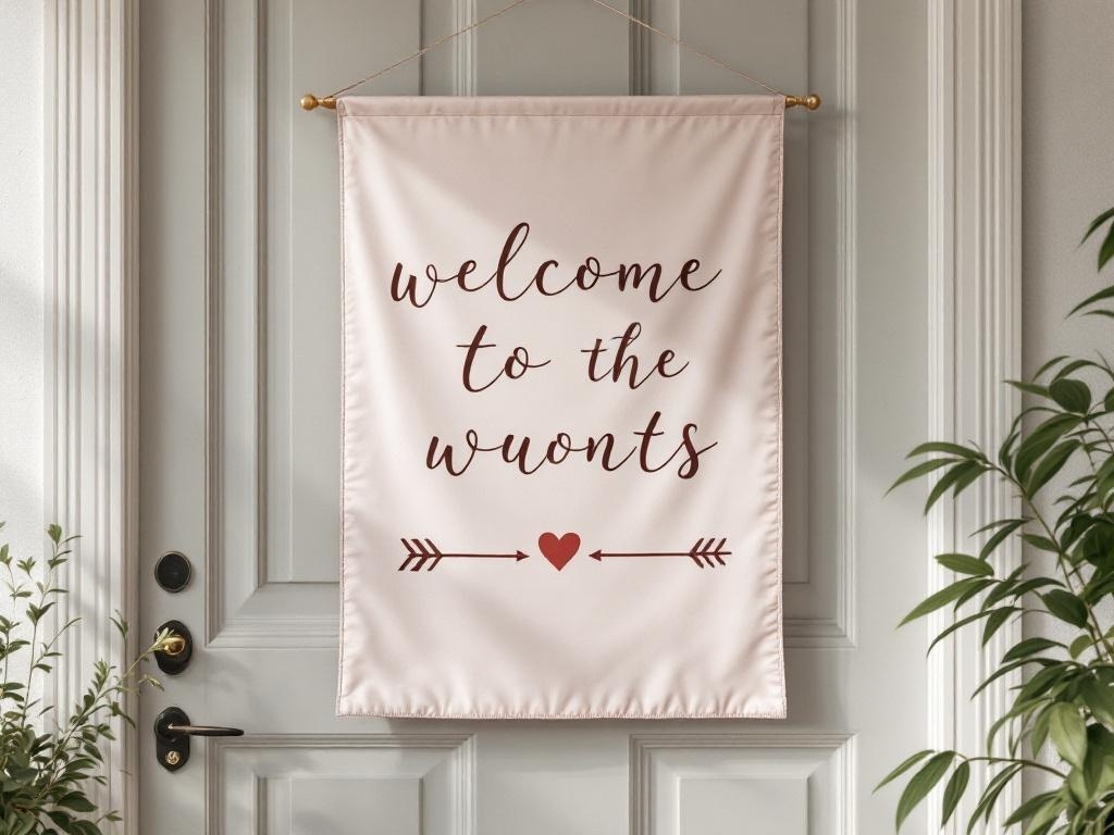A pink door banner that says 'Welcome to the Wron'ts' with arrows and a heart design.