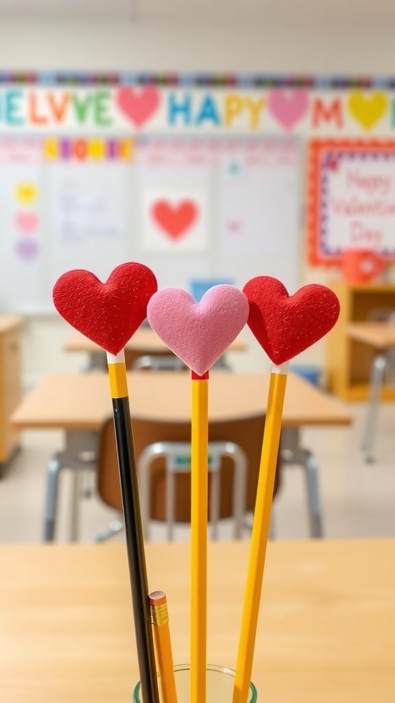 Three heart-shaped pencil toppers in red and pink on yellow pencils, with a festive classroom background.