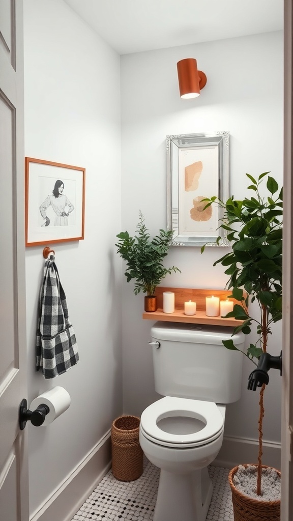 A stylish powder room featuring wall art, plants, candles, and decorative accents.