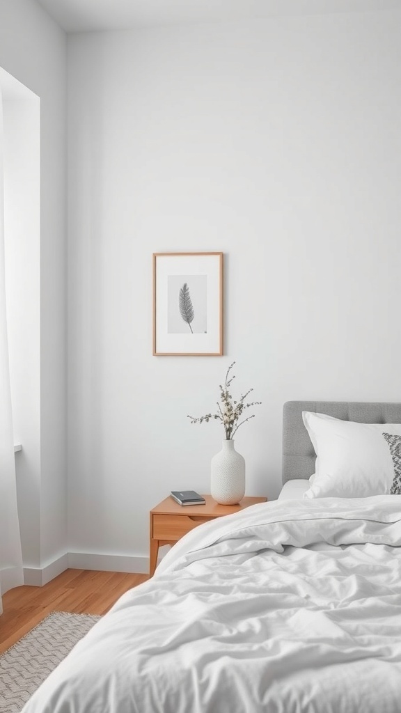 A minimalist bedroom featuring a simple framed leaf print, a vase with dried flowers, and a cozy bed.