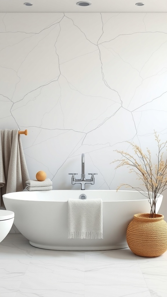 Luxurious modern bathroom featuring marble-effect walls and floors, a freestanding soaking tub, and gold fixtures.