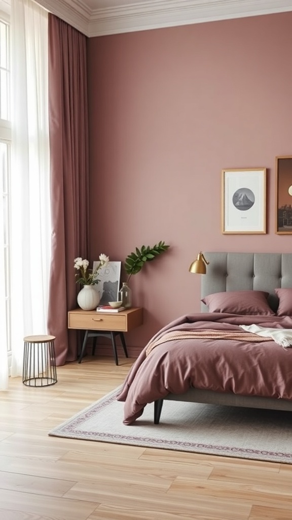 A cozy mauve bedroom featuring soft mauve walls, layered mauve bedding, and wooden furniture.
